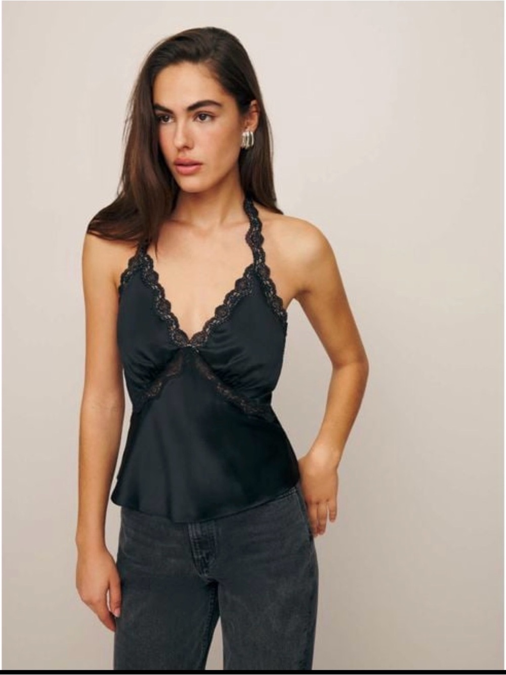 Reformation Monica Silk Top Black Lace Halter 100% Silk